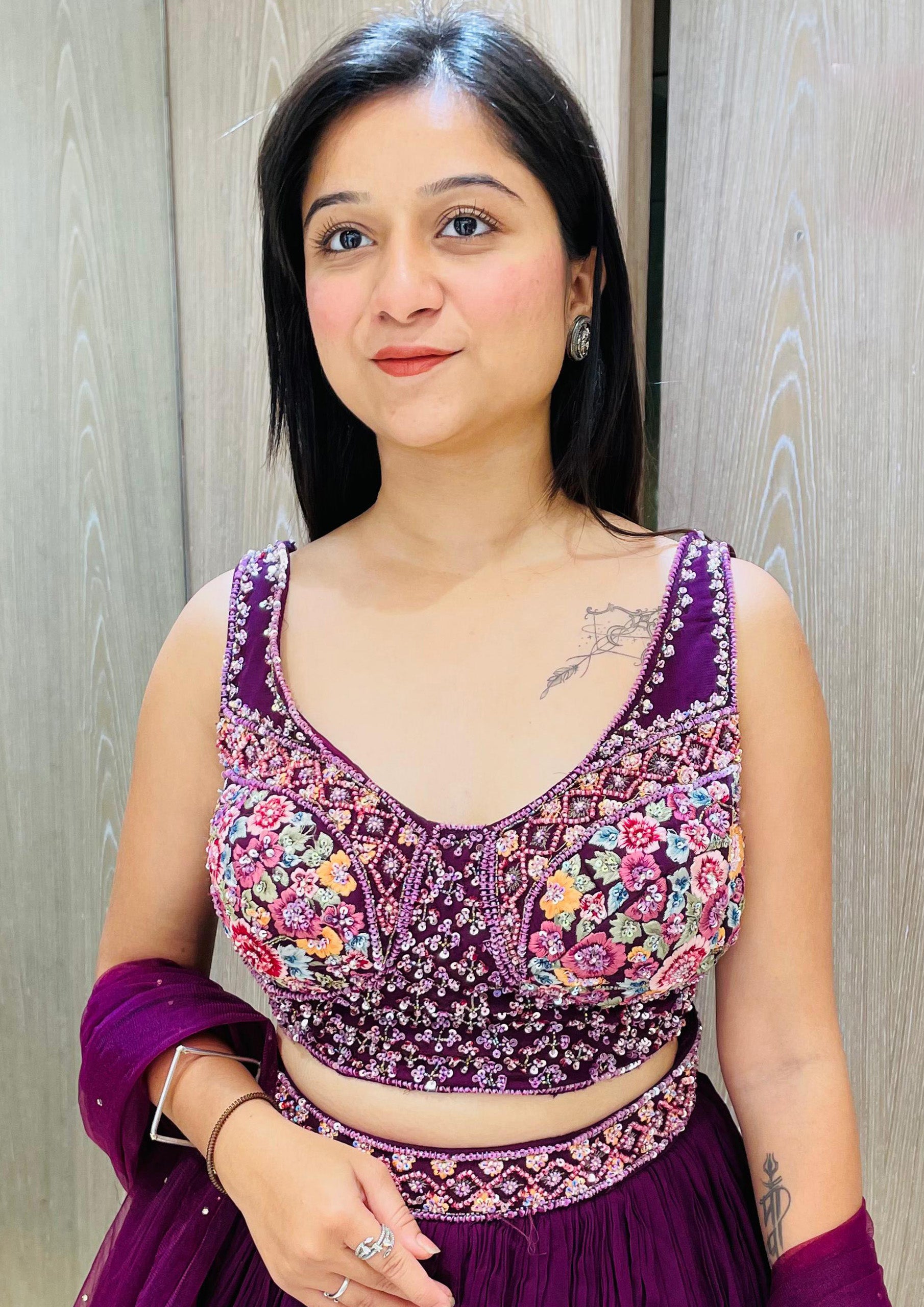 Purple Color Georgette Hand Work Wedding Wear Lehenga